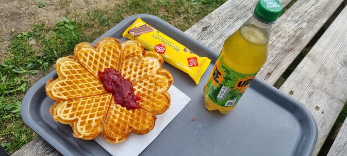 Photo of my late lunchtime meal, high in sugar content: a waffle with raspberry jam, a chocolate ice cream and a bottle of soda.