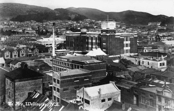 Black-and-white photo: Te Aro, Wellington, with the Bryant & May, Bell & Company factory in centre. 1925. Description: Houses and other factories can be seen in the surrounding streets. A line of hills of the town belt frame the background. Citation: Tanner Brothers Ltd (Publishers). Original photographic prints and postcards from file print collection, Box 4. Ref: PAColl-5744-23. Alexander Turnbull Library, Wellington, New Zealand. https://natlib.govt.nz/records/23114264