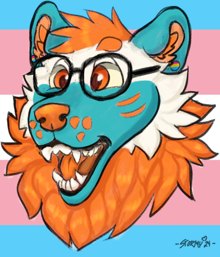 A hyena / chowchow dog hybrid with blue, white and orange fur, wearing glasses. Has ear plugs with the pansexuality flag on them, and there's a transgender background.