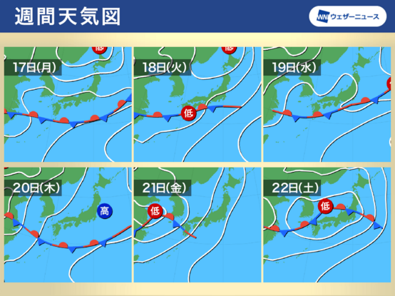 Weather maps showing the forecast positions of the seasonal rain front next week. 17th: Still stuck in the Okinawa region. 18th: Closer to Kyushu. 19th: Not much change. 20th: Way down to the south again. 21st: Moved to the west. 22nd: Extending from north of Kyushu to the Japan sea off Hokuriku and to north of Kanto