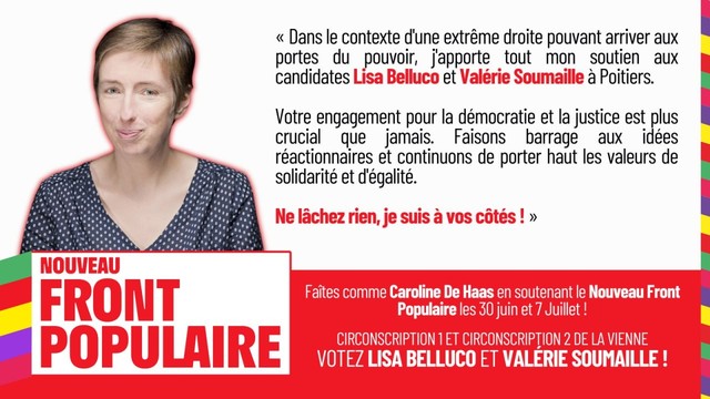Caroline de Haas soutient le Nouveau Front Populaire et Valérie Soumaille dans la 2ème circonscription de la Vienne.