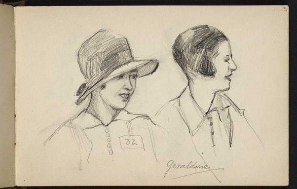 Black-and-white drawing: Geraldine. 1927?. Description: Double head and shoulders portrait of a woman or women with fashionably bobbed hair, one with a hat. Both are smiling. Subject was probably a fellow-passenger on board ship. Physical description: Pencil, on page of sketchbook, 120 x 180 mm. Citation: Hill Mabel, 1872-1956: [Portrait sketchbook. 1926–1927]. Ref: E-565-015. Alexander Turnbull Library, Wellington, New Zealand. https://natlib.govt.nz/records/22664676