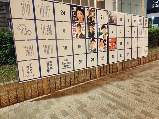東京都知事選のポスター掲示板の写真。ポスターが48枚貼れるくらいの大きさのものに、9枚だけ貼られている。