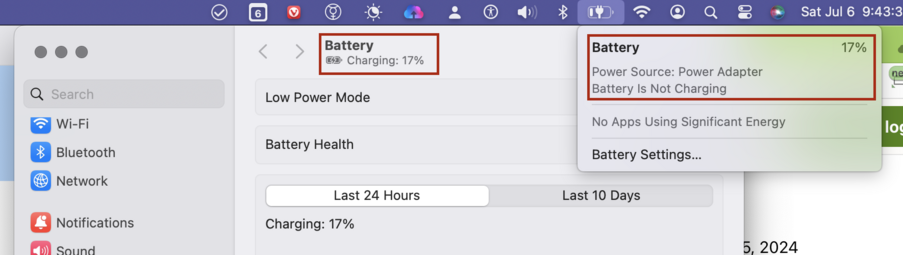 The macOS battery menu bar item showing battery is not charging while the Battery pane of System Settings shows that it is.