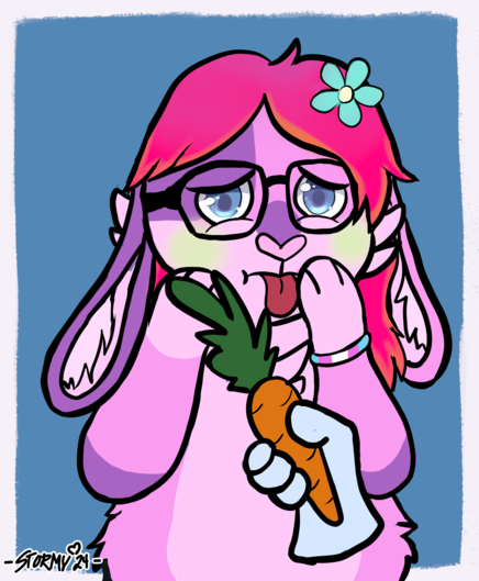 Pink and purple anthro bunny, disgusted by a carrot that is being feeded to her.