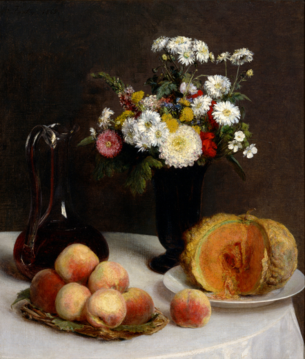 A Realist still life. On a table with a white cover is a plate of peaches, with one having rolled onto the cloth. To our right is another plate with a cantaloupe, with a few sections taken out, showing orange flesh. Behind the peaches is a carafe of red wine; behind the cantaloupe is a vase of flowers.