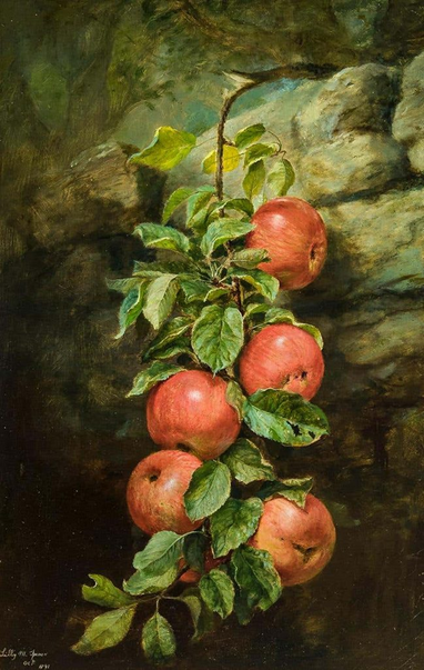 A Realist still life. A branch of five or six red apples is hanging against a stone wall. The branch has partly broken from the weight of the fruit, so the branch and fruit hang vertically.