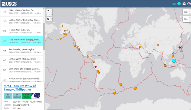 USGS map of recent quakes, highlighting a M7.1 quake near the Philippines with a depth of more than 600km