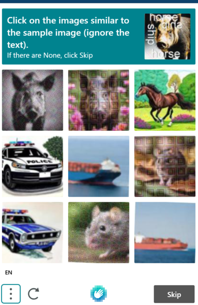 A captcha screen. It says click on the images similar to the sample image. The sample image is a pig. Below are several images including two pigs, two mice, two cop cars, a horse and a cargo ship