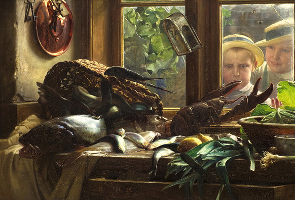 A Neoclassical scene. On a table by a window, an assortment of seafood is piled up. A lobster waves its claws toward the window, and to the left is a basket of eels, a garfish, and another fish, perhaps a sea bass. The handle of a knife sticks out of an open drawer, and on a wall to the left hang a brass pot lid and an assortment of keys, with a small lantern hanging from the window in the center. To the right, two boys peep in through the window....the shorter one looks at the lobster with wide eyes and an alarmed expression, while the taller of the two looks at his friend with amusement.