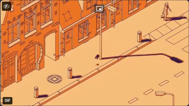 Stylized representation of some urban environment where everything is yellow and orange except the black shadows of selected objects like street lamps or sidewalk no-parking pillars. A small black animal is shown in mid-air while jumping from one pillar shadow into the nearby lamp post shadow.