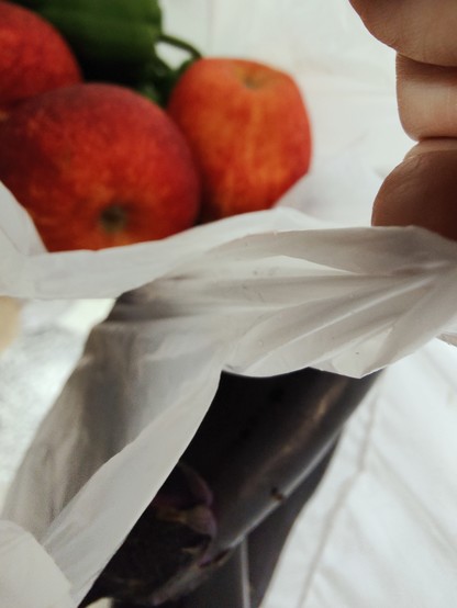 ビニール袋に入った、ナス、りんご、ピーマンの写真。