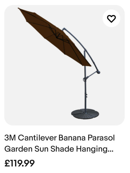 Product image of a brown folding canopy on an angled frame. Text: 3M Cantilever Banana Parasol
Garden Sun Shade Hanging...
£119.99