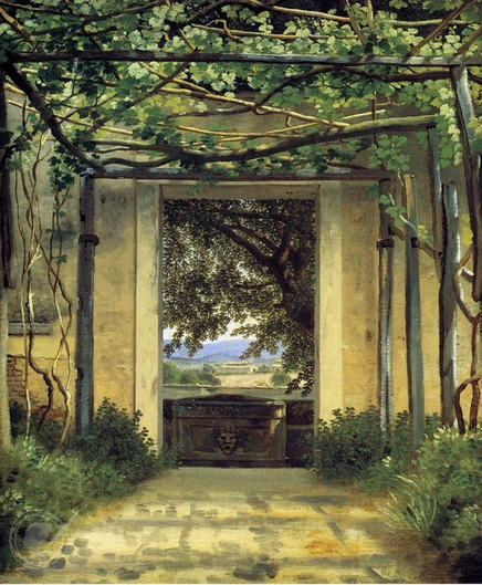 A Neoclassical view of a pergola. We are standing under a rough pergola holding up what seems to be a grapevine. The ground is paved. Ahead is a marble wall with a doorway; through which we see what appears to be a chest with Roman decoration, and beyond that, a tree-shaded, rural landscape.