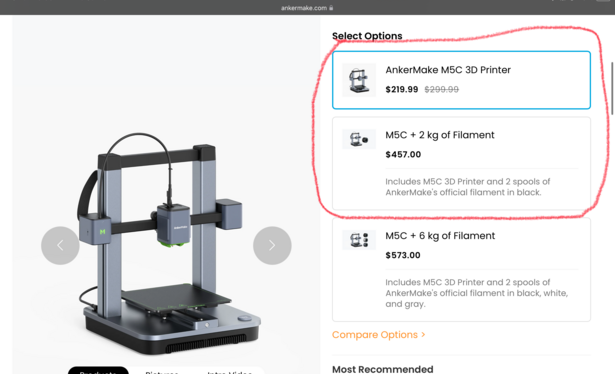 A screenshot of the “buy now” page for the Anker Make M5C showing the price of the 3D printer being $219.99 and the 3D printer plus 2 kg of filament costing $457