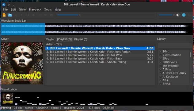 Music player Qmmp reproducing the album Funkcronomic by Bill Laswell, Bernie Worrell and Karsh Kale