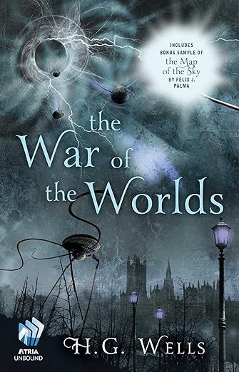 A book cover. 

The War of the Worlds by H. G. Wells

The city of London shows through a foggy night sky. Westminster in the distance, with gothic towers. Closer there are lit street lamps. 

In the foreground, a saucer-shaped machine with flailing tentacles walks towards London on three legs.  

Above, the sky crackles with lightning and several more objects falling from the sky.