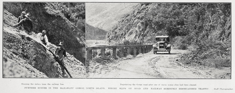 Black-and-white two-photo montage: Further Scenes in the Manawatu Gorge, North Island, Where Slips on Road and Railway Seriously Disorganised Traffic. 1926. Left photo caption: Sluicing the debris from the railway line. Right photo caption: Negotiating the Gorge road after one of the many minor slips had been cleared. Description of left photo: Four men use a large hose to clear loose mud on the side of the hill. Description of right photo: A car drives towards the camera on the unsealed road, with the hillside on the right and railings on the left. Hillsides of the gorge are in the background, but the river is not visible. Citation: Supplement to the Auckland Weekly News, 18 November 1926, p. 40. Auckland Libraries Heritage Collections AWNS-19261118-40-02. https://kura.aucklandlibraries.govt.nz/digital/collection/photos/id/248126