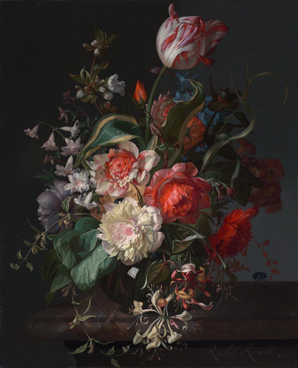A Dutch Golden Age floral. We have a glass vase of flowers, including poppies, roses, and a single red-and-white tulip arching over the whole.