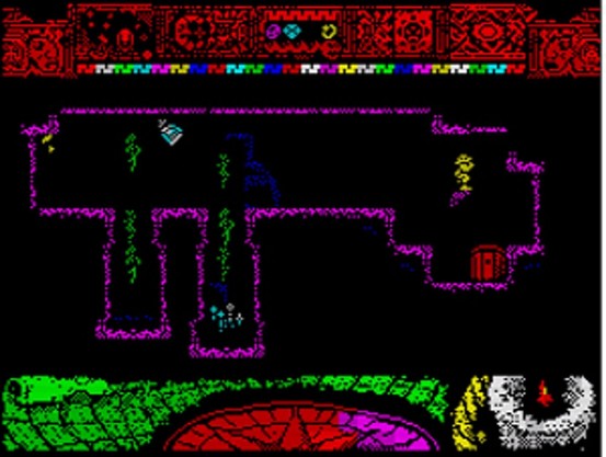 Screenshot of a retro pixel art video game showing a character navigating a purple and black cavern with green and red accents. There are plants, a red door, and various symbols at the top.