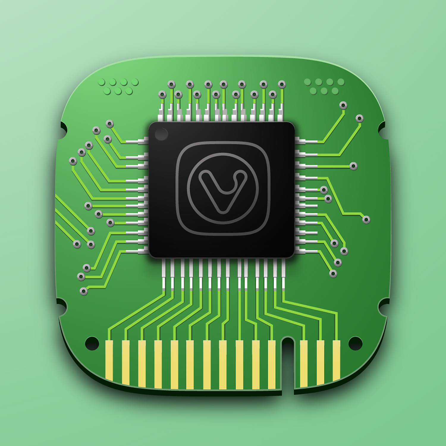 Image of Vivaldi browser logo on a chip. The image has different shades of green, a shade of yellow, and the logo in the centre against a black background