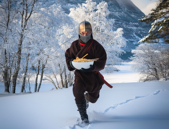 A ninja in a viking helmet running through a snowy landscape with a bowl of noodles