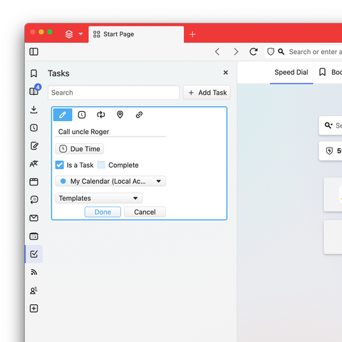 Image of new task being added to the Vivaldi browser's built-in Calendar