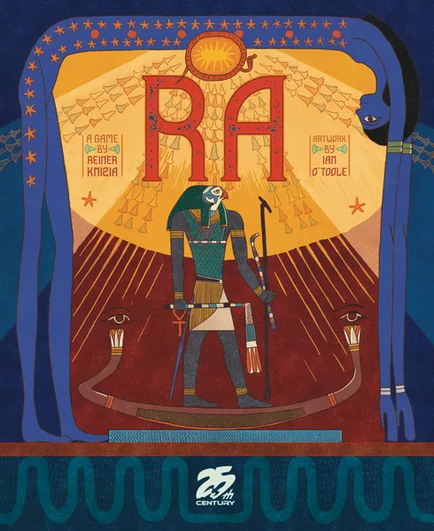 Box art for Ra showing Ra the sun god on a boat.