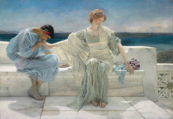 An Academic painting. Here we have a scene from the myth of Pyramus and Thisbe. A couple in classical Grecian dress sit on a marble bench with a sun-drenched backdrop of the ocean. The man, in a blue robe and a rose in his hair, leans over and kisses the woman's hand. The woman, in a light green gown, looks away and seems about to stand.