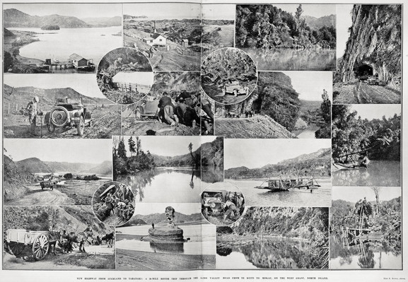 Black-and-white photo montage: New Highway From Auckland to Taranaki. 1923. Extended caption: A 50-Mile Motor Trip Through the Awakino Valley Road From Te Kuiti to Mokau, on the West Coast, North Island. Description: A montage of 16 photos showing motorised and horse-drawn vehicles and a river ferry. Three photos show cars being dragged out of the mud. The highway is a narrow, unsealed and often unmetalled road. Citation: Supplement to the Auckland Weekly News, 7 June 1923, p. 43. Auckland Libraries Heritage Collections AWNS-19230607-43-01