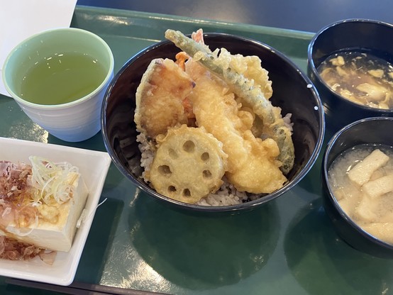A meal consisting of tempura vegetables and seafood served over rice in a bowl, accompanied by a cup of green tea, a dish of tofu topped with bonito flakes and green onions, a bowl of clear soup with egg, and a bowl of miso