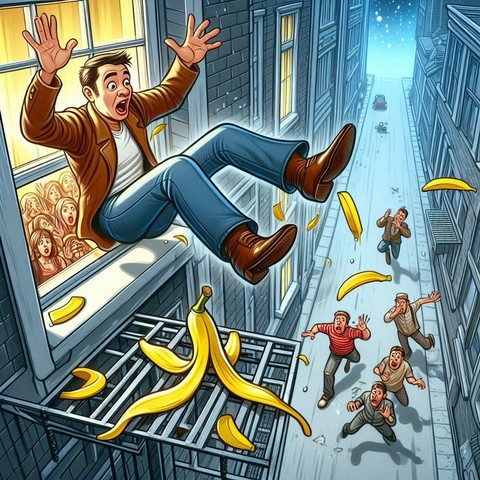 Karikatur, ein Mann fällt aus einem Fenster.
