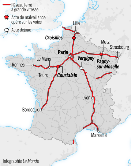 Carte des sites impactés par les actes de sabotage contre le réseau ferré français.