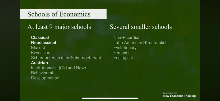 Schools of Economics
At least 9 major schools
Classical
Neoclassical
Marxist
Keynesian
Schumpeterian (neo-Schumpeterian)
Austrian
Institutionalist (Old and New)
Behavioural
Developmental
Several smaller schools
Neo-Ricardian
Latin American Structuralist
Evolutionary
Feminist
Ecological

Institute for
New Economic Thinking