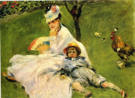 An Impressionist scene. A woman in a full white dress and hat, with a fan, sits under a small tree in a lush green garden. She holds a multicolored fan and glances at the viewer. Leaning up against her is a small boy in a blue outfit and straw hat. A rooster stands behind them, somewhat incongruously.