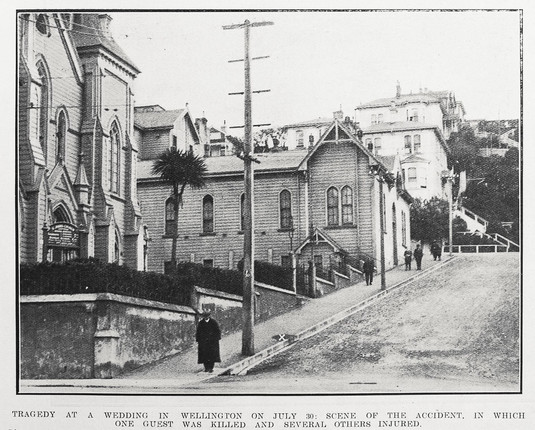 Black-and-white photo: Tragedy at a wedding in Wellington on July 30: scene of the accident, in which one guest was killed and several others injured. 1924. Description: Shows a steep street with the church building and church hall at the left of St. John’s Church in Dixon Street. A cross indicates the spot where a motor car, out of control, mounted the footpath and struck a party of guests. Miss Lilian Stratchard was killed. Citation: Supplement to the Auckland Weekly News, 7 August 1924, p. 43. Auckland Libraries Heritage Collections AWNS-19240807-43-04. https://kura.aucklandlibraries.govt.nz/digital/collection/photos/id/246281