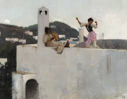 An Impressionist scene. On a Mediterranean rooftop, a woman in traditional Capriote costume dances, while a dark-skinned person keeps time on a large drum. In the background, wooded hills dotted with white houses are seen, with the moon rising over them.