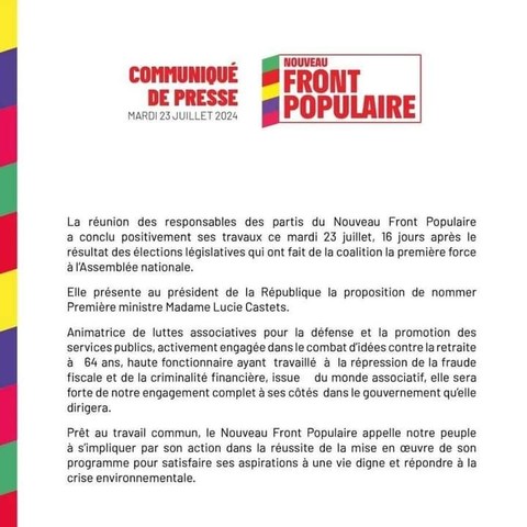 Communiqué de presse du NFP pour la proposition de nommer Lucie Castets première ministre.