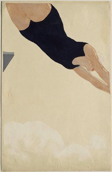 A print of the Japanese sosaku-hanga school. A female figure, in a modern bathing suit, is executing a dive. We have the scene in close-up; parts of her arms and legs are cut off, and we only see a corner of the diving board.