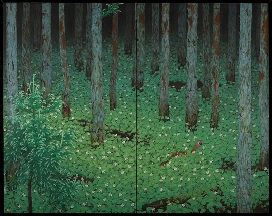 A painting in Japan's nihonga style. We have a simple scene of a forest, with trunks growing out of the undergrowth, which is full of green leaves and small white blossoms. The trunks grow straight and true.