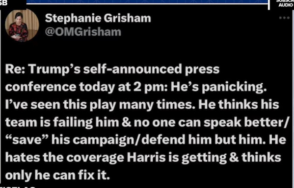 SocialMedia Post of Stephanie Grisham. She explains what Trumps PK Announcement means. Trump is in Panic and no one can save/defend his campaign better only he can fix it. 