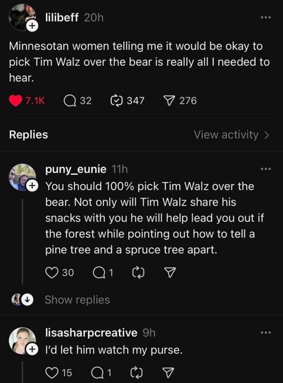 Text reads:

lilibeff: Minnesotan women telling me it would be okay to pick Tim Walz over the bear is really all I needed to hear.

puny_eunie: You should 100% pick Tim Walz over the bear. Not only will Tim Walz share his snacks with you he will help lead you out if the forest while pointing out how to tell a pine tree and a spruce tree apart.

lisasharpcreative: I'd let him watch my purse.