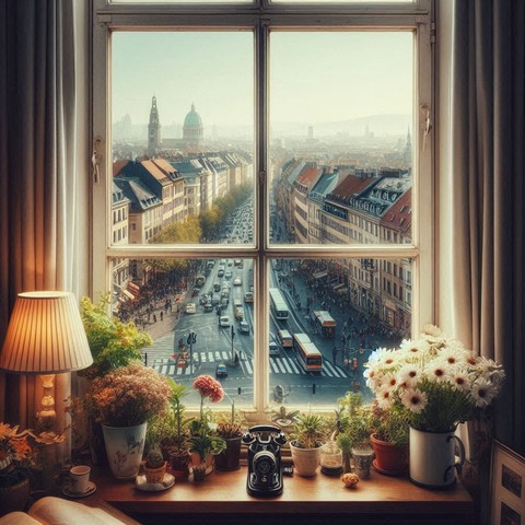 Fenster mit Blick auf eine belebte Straße, auf der Fensterbank befinden sich Blumen und Pflanzen.