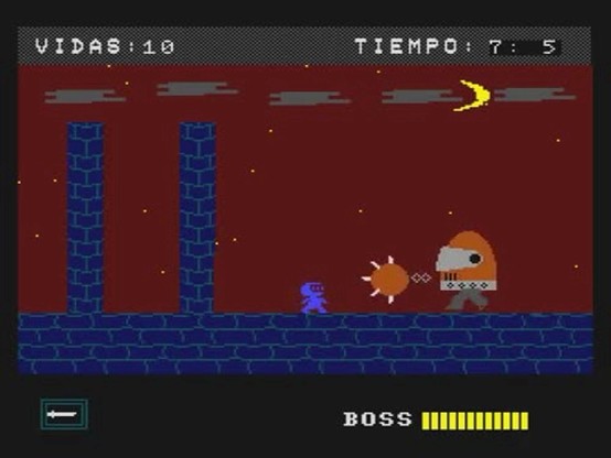 A retro video game screenshot features a knight character facing a boss enemy. The game displays 