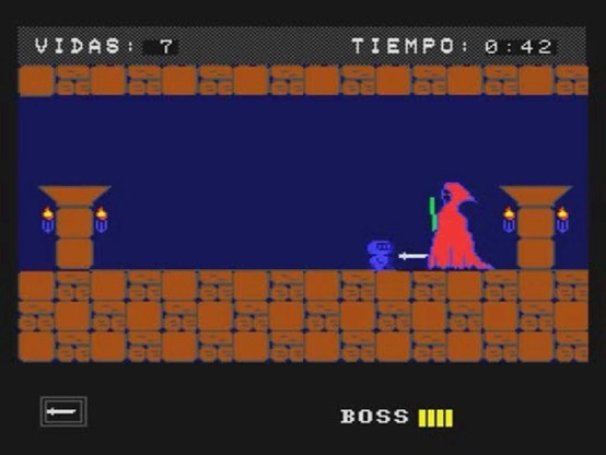 Retro video game scene with a small character facing a red-robed boss in a dungeon. Health and time indicators are on the screen.