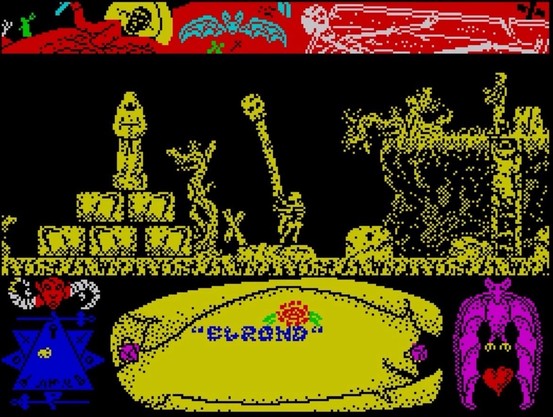 A retro video game screenshot featuring an ancient temple or dungeon scene. The upper section includes a red border with various small creatures and a skeleton. The central area shows a yellow pixelated structure with an altar and skulls. The lower section contains a demon