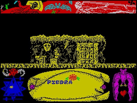 A pixelated video game screen displaying a cavern with a skull, treasure chest, and various symbols including a pentagram and bat-like creature. The word 