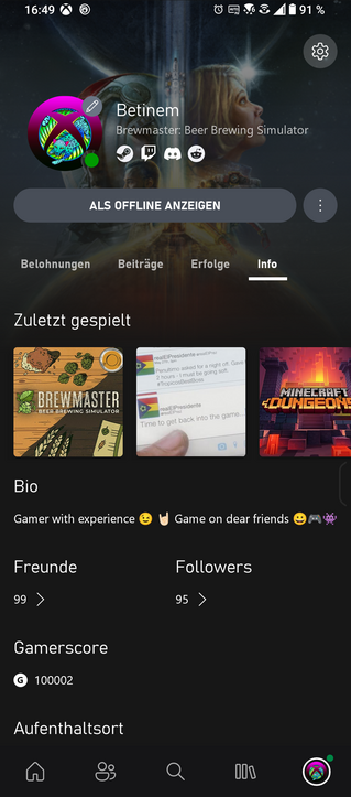 Ein Screenshot von meinem Xbox Profil mit nun 100.000 Gamerscorepunkten