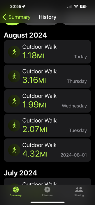 History

August 2024
Outdoor Walk Today
1.18MI
Outdoor Walk Thursday
3.16MI
Outdoor Walk Wednesday
1.99MI
Outdoor Walk Tuesday
2.07MI
Outdoor Walk 2024-08-01
4.32MI