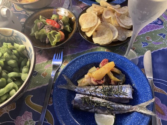 A dinner table set with dishes including grilled fish with vegetables, green bell pepper salad, edamame beans, homemade potato chips, and a drink, all on a patterned tablecloth.